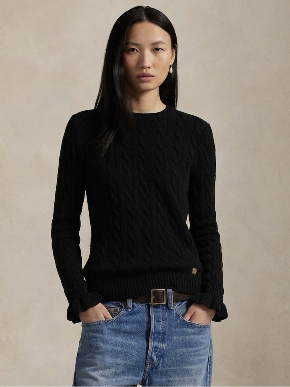 Lauren Ralph Lauren Black Cable Knit Ruffle Cuff Sweater Size XL 100% Cotton